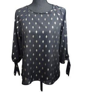 Papermoon Black Boho Blouse Womens Medium Geometric Print Tie Cuff Casual